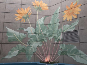 Mona Caron, Balsamorhiza, 2022, KEIM Soldalit sol-silicate mineral paint, 28’ x 30’ 6”