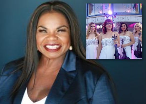 Black woman smiles at the camera with a small inset image of four people posing with stringed instruments